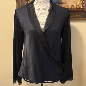 Ramy Brook Elegant Black Mock Wrap Lace Mesh fringe hem Blouse